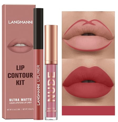 2Pcs Lip Liner y Lipstick Set, Lápiz Labial Natural Kit de Maquillaje de Labios One Step, Pigmento Aterciopelado Nude Lip Stain Impermeable Brillo de Labios de Larga Duración Set de Regalo (#03)