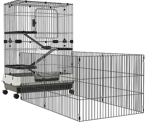 PawHut - Jaula para animales pequeños (3 plataformas desmontables, 3 rampas, bandeja inferior extraíble de metal PP, 182 x 81 x 114 cm), color negro