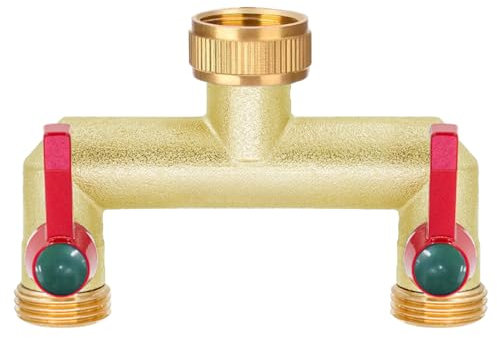 iBamso Heavy Duty Brass Garden Hose Splitter, 3/4 inch 2 Way Hose Tap Splitter High Flow Outlet with 2 Individual On/Off Valve and Extended Handle, Pipe Tap Splitter can Mounting Two Timer Meanwhile
