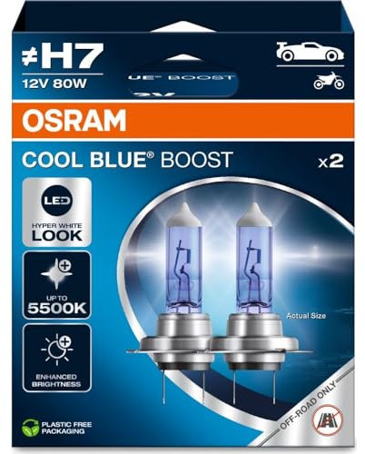 OSRAM COOL BLUE® BOOST, H7, halogen headlight lamps, up to 5500K, Hanging folding box (2 lamps), offroad use only