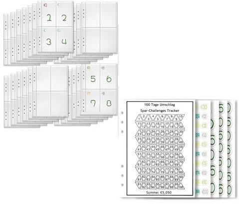25 Blatt 100 Umschläge Geldspar-Challenge und 100 Tage Sparchallege Tracker A5 Ringbucheinlagen zum Austauschen, Budget Planner Deutsch Zubehör, Vorbeschriftet 1-100 Geldbeutel zum Cash Stuffing