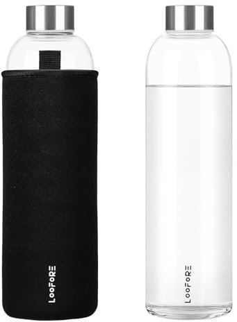 LOOFORE Glasflasche 1 liter / 1l, Wasserflasche Glas 1000ml 750ml inkl. Neoprenhülle, BPA freie, Trinkflasche Spülmaschinenfeste, Water Bottle für kohlensäurehaltige Getränke