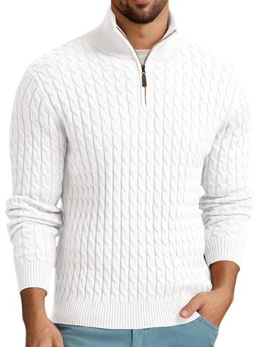 QIXING Men's Cable Knit Jumper Quarter Zip Mock Neck Cable Pattern Sweater Soft Casual Tops with Ribbed Edges (White, L)