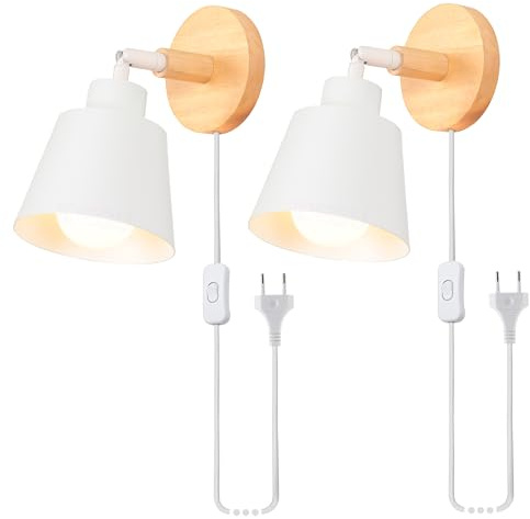 iDEGU 2 Piezas Apliques de Pared Interior con Interruptor y Enchufe, Moderna Lámpara de Pared en Madera y Metal Simple Iluminación E27 Ajustable Luz de Pared para Dormitorio Salón (Blanco)