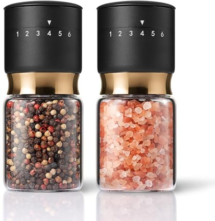 Gold Salt and Pepper Grinder Set with External Adjustable Coarseness Stainless Steel Sea Salt & Pepper Mill Set Ceramic Core Spice Grinder Refillable Glass Black and Gold Shaker Kitchen Accessories