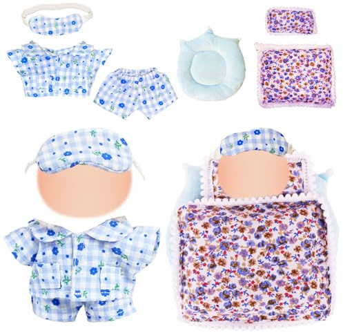 17cm Doll Pajamas and Sleeping Accessories, 6 Pcs, 1 Set Blue Pajamas Pants Eyemask+Bedding Set 1 Mattress 1 Pillow 1 Blanket, Plush Monster Doll Clothes Accessories for Girls Boys Roleplay Gift