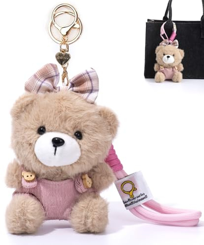 YILANFULL Cute Plush Keychains,Pink Bow Bear Keychain Bag Charms, Women Lovely Elegant Bowknot Teddy Bears Purse Charms Handbags Bag Accessories