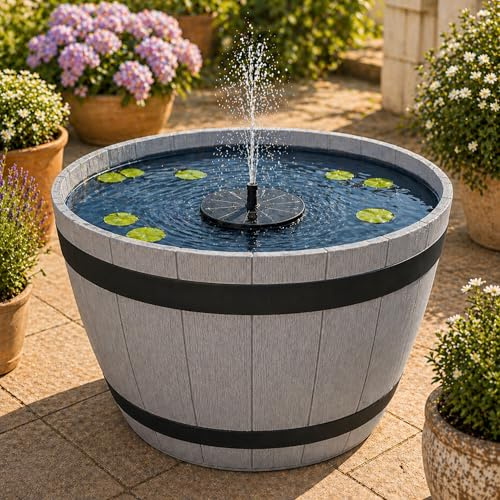 Set di fontane solari per esterni – 51 cm effetto botte di legno, colore grigio come fontana da giardino fontana a zampillo