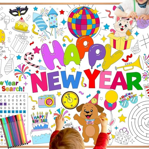 HOWAF Papier-Tischdecke zum Ausmalen Silvester Deko 2026, Happy New Year 2026 Ausmal-Tischdecke Frohes Neues Jahr Ausmaltischdecke Kinder tischdecke Silvester Basteln Kinder für Silvesterdeko Supplies