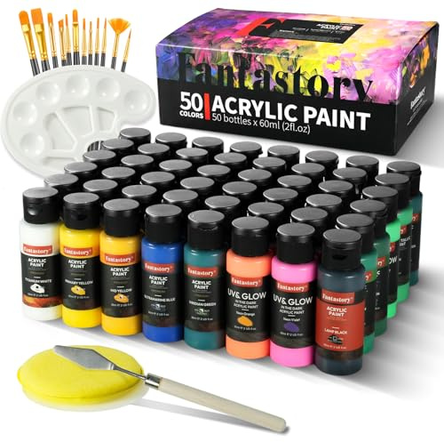 Fantastory Akrylfärger 50 × 60 ml, 12 borstar; akrylfärg; vattentät, ljusbeständig, giftfri; för hantverk, duk, trä, keramik; nybörjare