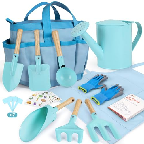 cossy Kit Jardinage Enfant, 13 Pièces Kit Outils de Jardin, Outils de Jardinage pour Enfants, Jouet de Jardin Enfants avec Sac à Main,Tablier, Pelle, Râteau, Arrosoir, Gants, Bleu