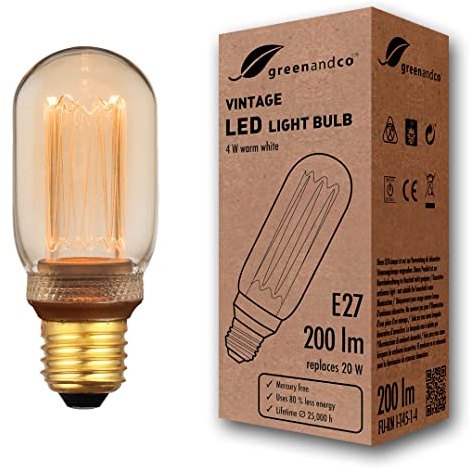 greenandco Lampadina Vintage Edison LED | E27 T45 | ambra | 4W 200lm | 1800K luce extra calda | 320° | 230V | nessun sfarfallio | non dimmerabile