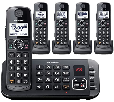 Panasonic DECT 6.0 Expandable System, Cordless Phones With Answering Machine and Call Blocking - 5 Cordless Phones 5 Handsets - KX-TGE645M (Metallic Black)