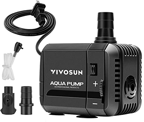 VIVOSUN 210GPH Submersible Pump(800L/H, 8W), Ultra Quiet Water Pump with 3.3ft High Lift, with 5ft Power Cord, 2 Nozzles for Fish Tank, Pond, Aquarium, Statuary, Hydroponics Black