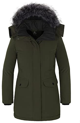 Wantdo Cappotto Foderato Imbottito Parka da Esterno Spessa a Vento con Pelliccia Sintetica Giubbotto Lavoro Invernale Giacca Media Lugghezza Casual Donna Verde Militare L