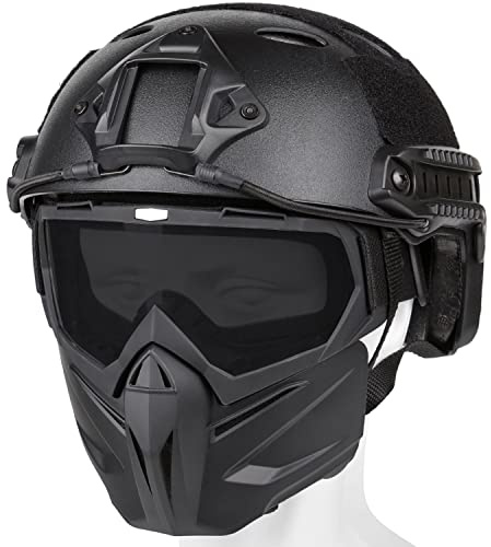 VPZenar Airsoft Helmet, Black Tactical Helmet With Detachable Anti-Fog Gray Goggles, Full Face and Paintball Mask for Cosplay Tactical Gear
