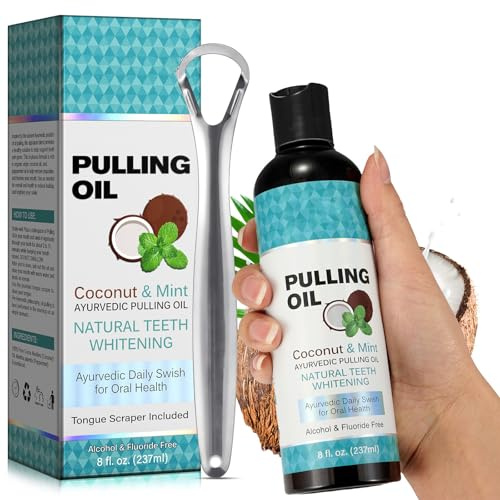 Coconut Oil Pulling with Peppermint Oil-Mouthwash for Oral Care-Helps with Fresh Breath, Organic Essential Oils Mouthwash with Tongue Scraper,Treatment for Gums-237ML