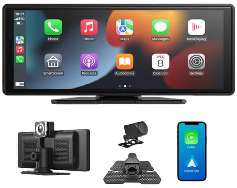 3T6B Autoradio Portable Encastrable avec Apple CarPlay & Android Auto, 10.26 Pouces HD Touchscreen Radio, Double Caméra,Caméra de recul 1080p, Transmission FM，Assistant Vocal, Bluetooth