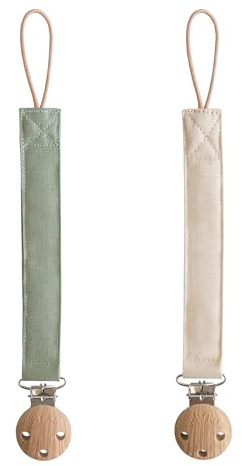 mushie Linen Baby Pacifier Clip Holder | Soft Fabric Strap, 2-Pack (Olive/Shifting Sand)