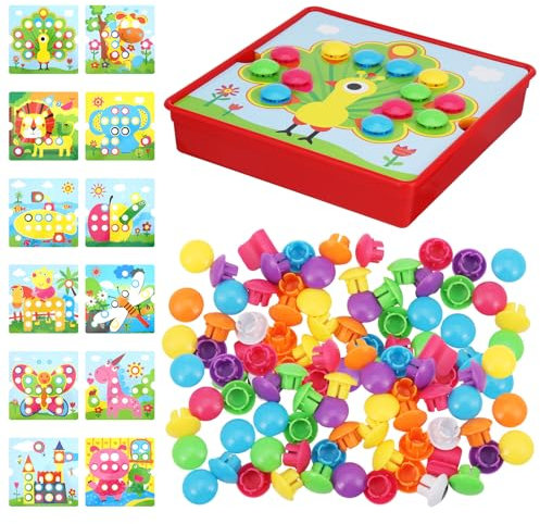 Halinuia Mosaik Steckspiel ab 3 Jahre Bunte Zuordnungsspiel Steckspiel Kinder für 2,3,4 Jahre Pädagogische mit 12 Bunten Steckplätte und 46 Steckperlen für Jungen Mädchen Kinder