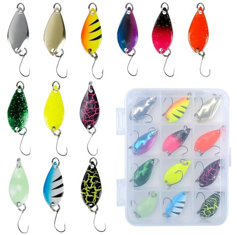 MEYDLL Forellen Spoon Set Forellenköder 12 Stück Angelköder-Set mit Haken Realistische Forellenköder in 3 Gewichten Lebensechtes Rotierendes Forellen Spoon Set aus Metall