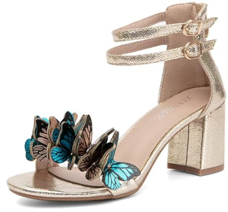 JOEupin Sandalias de tacón de bloque de mariposa para mujer, tacones altos elegantes con tiras doradas y plateadas para verano, cómodos zapatos de fiesta de boda, Oro, 38.5 EU