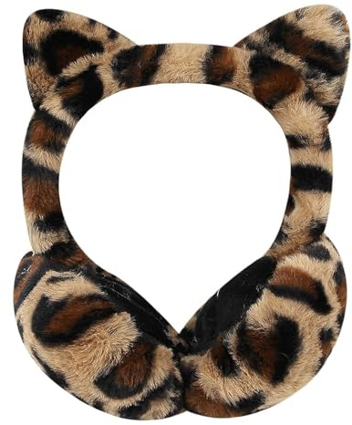 Cute Animal Earmuffs Winter Warm Plush Cat Ear Muffs Foldable/Unfoldable Ear Covers Headband Leopard Faux Fur Earwarmer Outdoor Windproof Cold Weather Headwear for Girls Women Cycling Camping Running