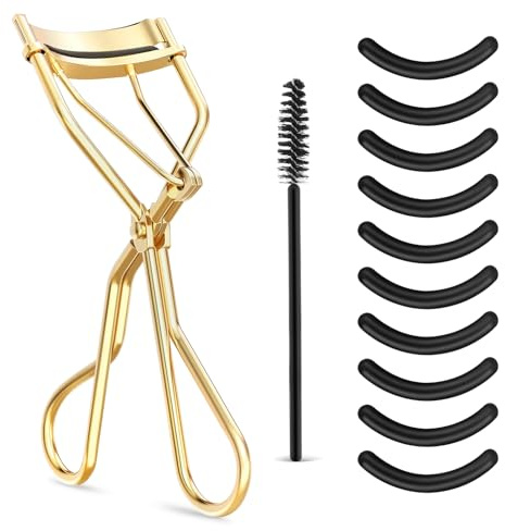 WLLHYF Eyelash Curler Kit, Beauty Eyelash Comb with 10 Black Silicone Refill Pads and 1 Mascara Brush Metal Eyelash Separator Universal Lash Curler Makeup Tool for Women and Girls (Gold Plating) | with 10 Black Silicone Refill Pads, Metal Eyelash Separator, Universal Lash Curler, Makeup Tool, for Women and Girls
