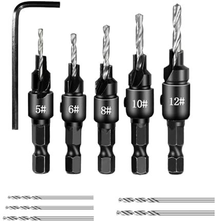 DOETYD 5-Piece Countersink Drill Bit Set, Quick Change Woodworking Drill witn One Adjustable 1/4” Hex Shank, with Free Replaceable Drill Bits for Woodworking Self Countersink Drill Bit