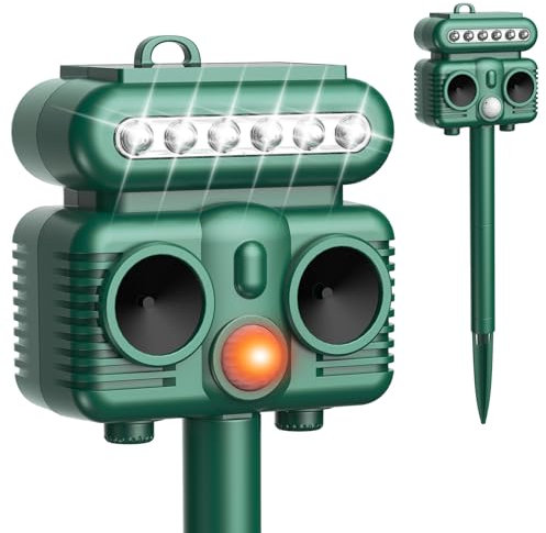 OBEST Solar Ahuyentador de pajaros ultrasónico, ahuyentador Palomas y Gatos, ahuyentador de pajaros Exteriores jardín, Repelente de Animales ultrasónico con Detector de Movimiento, Recargable USB