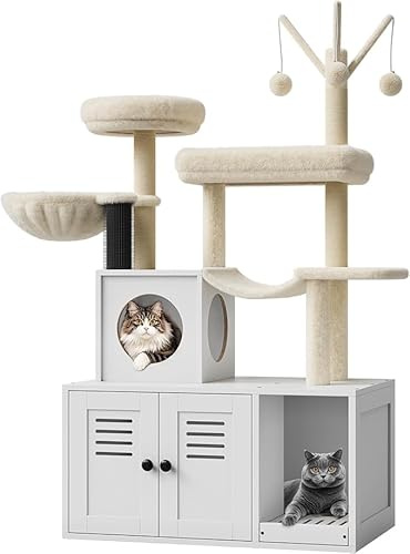 Árbol para gatos con camada, mueble Litiere gato de 140 cm, moderno árbol de gatos con kit anti-Basculo, con 2 grandes plataformas, 2 armarios ocultos y bolas colgantes, color blanco