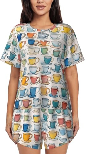 Pyjwyfmy Handritade tekannor och koppar tryck pyjamas set, kvinnor pyjamasset för sommaren, myskläder set med kyltyg, Svart, X-Large-5X-Large