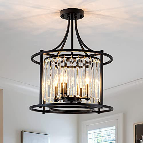 Crystal Semi Flush Mount Deckenleuchte, 4 Licht schwarzer Kristallkronleuchter Esszimmer Kücheninsel Decke
