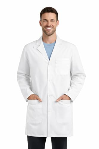 B-well LEONARDO Camice da laboratorio da uomo – Camice medico con elastico, passante per badge e tasche – Camice da lavoro medico traspirante per clinica, laboratorio e pratica, bianco, s