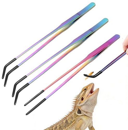 Rayakt 3Pcs Reptile Feeding Tongs, 27cm Stainless Steel Feeding Tongs with Rubber Tip, Curved & Straight Long Tweezers Aquarium, Feeding Pliers for Bearded Dragons, Lizards, Snakes, Aquatic Plants
