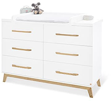 Pinolino Wickelkommode Riva extrabreit, inkl. abnehmbarem Wickelaufsatz, für Babys und Kleinkinder, aus weißem MDF und massiver Esche