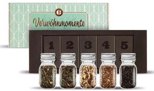MEIN GENUSS Tee-Set Verwöhnmomente - Tee Geschenkset mit einer Auswahl unterschiedlicher Teesorten – Geschenk für Tee-Liebhaber – Tee-Geschenkbox mit 5 Teesorten aus aller Welt