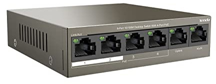 Tenda PoE Switch 6 Ports 10/100 Mbps Aves 4 Ports PoE, Switch PoE 63W, Plug and Play, Boîtier Métal, Idéal pour la Maison, Les PME, Les Supermarchés et Les Restaurants(TEF1106P-4-63W)