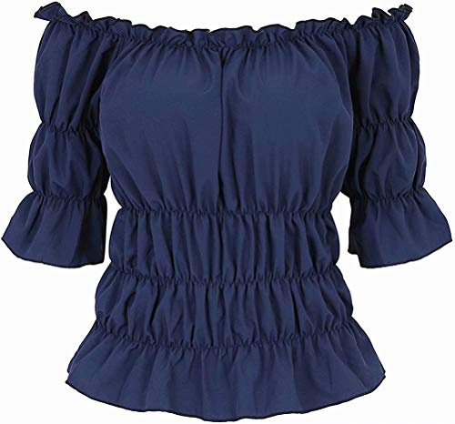 Blusar för kvinnor Off The Shoulder Renaissance Toppar Medeltida piratskjorta Gothic Smocked Boho kort ärm mörkblå 3XL