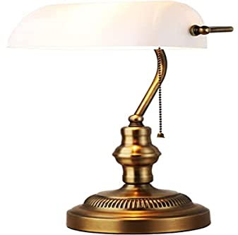 B·LED BARCELONA LED BarcelonaLED Vintage Notar Stil Banker Tischlampe Retro Messing Kupfer mit weißem Glasschirm E27 Kettenschalter für Schreibtisch Büro