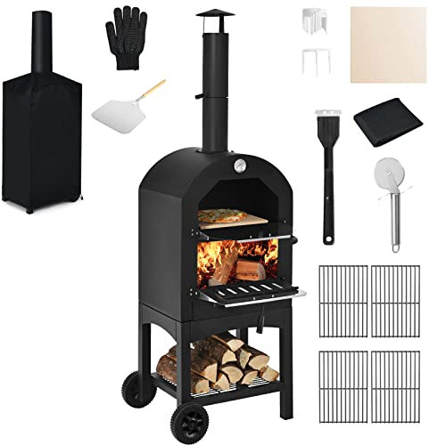 GiantexUK Outdoor Pizza Oven, Wood Fired Pizza Maker with Chimney, Pizza Peel and Stone, Garden Patio BBQ Grill Pizza Cooker for Party Camping