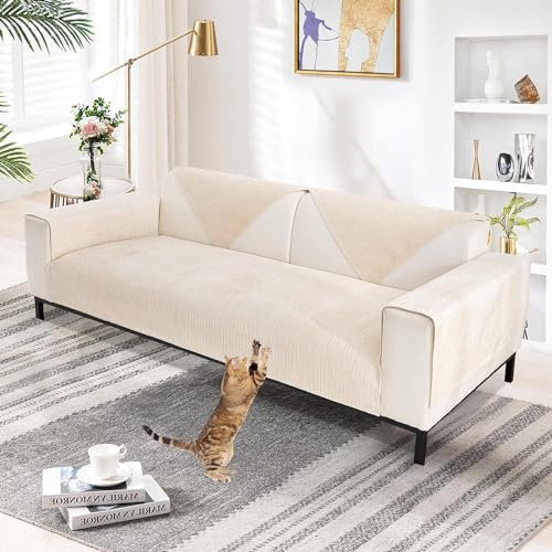 TOPCHANCES Chenille Sofabezug,Sofa Überzug 1/2/3/4 Sitzer Universelle rutschfeste Couch Überzug L Form Eckcouch Waschbar Sofabezug Hund Katze Kratzschut(Gebrochenes Weiß,70×150cm 1pcs)