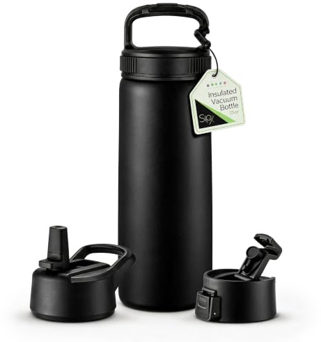 SipX™ Insulated Water Bottle with 3 Lids 25 oz. Leakproof Stainless Steel, Triple Insulated – Cold 24 Hours/Hot 12 Hours – Durable Bottle for School, Gym, Travel – Black