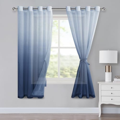 XWZO Voile Gardinen mit Ösen Vorhänge Farbverlauf Vorhang Sheer Ombre Gardinen 2 er Set für Schlafzimmer und Wohnzimmer Schlaufengardinen mit Raffhalter H175xB140cm Jeansblau