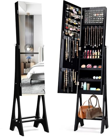 Multigot LED Jewellery Cabinet, 2-in-1 Dressing Cabinet with Full-Length Mirror and Lipstick Holders, Freestanding Jewelry Organizer for Bedroom Dressing Room (Black)