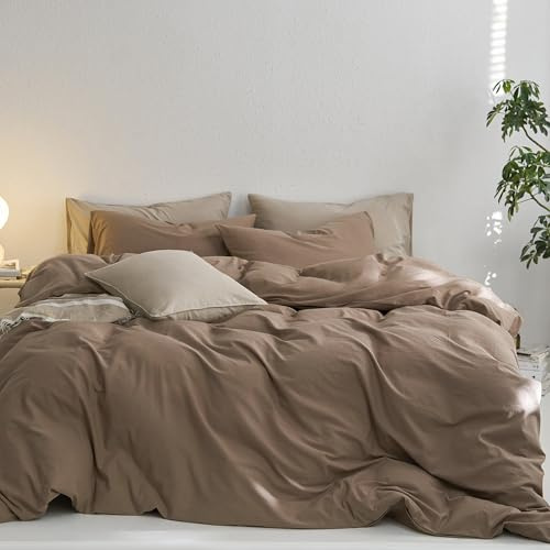 MooMee Queen Duvet Cover Set, 100% Washed Cotton Linen Like Twill Thick Sturdy Material Super Soft Breathable Durable Bedding for All Season, 3 Pieces (Bombay Brown, Queen 90x90)