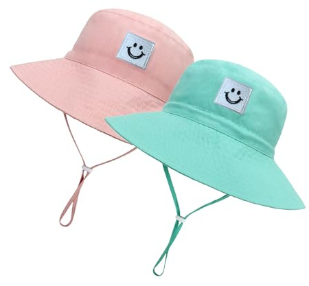 Baby Sun Hat Smiling Face UPF 50+ Beach Toddler Bucket Hat for Baby Boys and Girls, Toddler Kids Wide Brim Sun Hats Cap (US, Age, 0 Months, 6 Months, Pink+Blue)