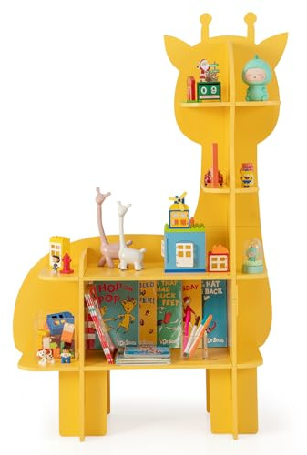COSTWAY Kinderregal 2 Ebenen, Spielzeugregal Holz mit offenen Regalen, Niedliches Bücherregal Kinder Kinderzimmer Regal für Kinderzimmer, Spielzimmer, Kindergarten (Giraffe, Gelb)