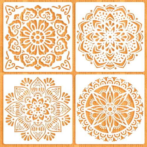 MWOOT 4 Piezas de Plantillas Grandes de Mandalas para Pintar, Diseños de Flores Mandala, Plantillas Reutilizables para Dibujar en Paredes, Piedras, Muebles y Azulejos, 30x30 CM