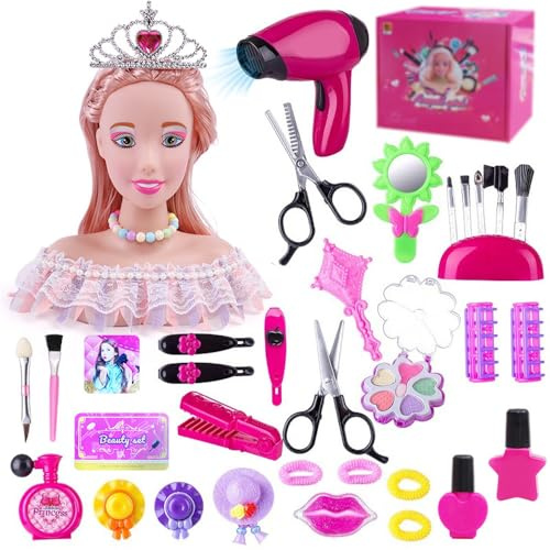 BIZOI Tête de Poupée de Maquillage pour Fille, 36 Pièces Ensemble de Coiffure Jouet Modèle, Têtes à Coiffer Enfant, Tete a Coiffer Poupée de Maquiller Accessoires pour 3, 4, 5, 6 AnsFêtes de Princesse